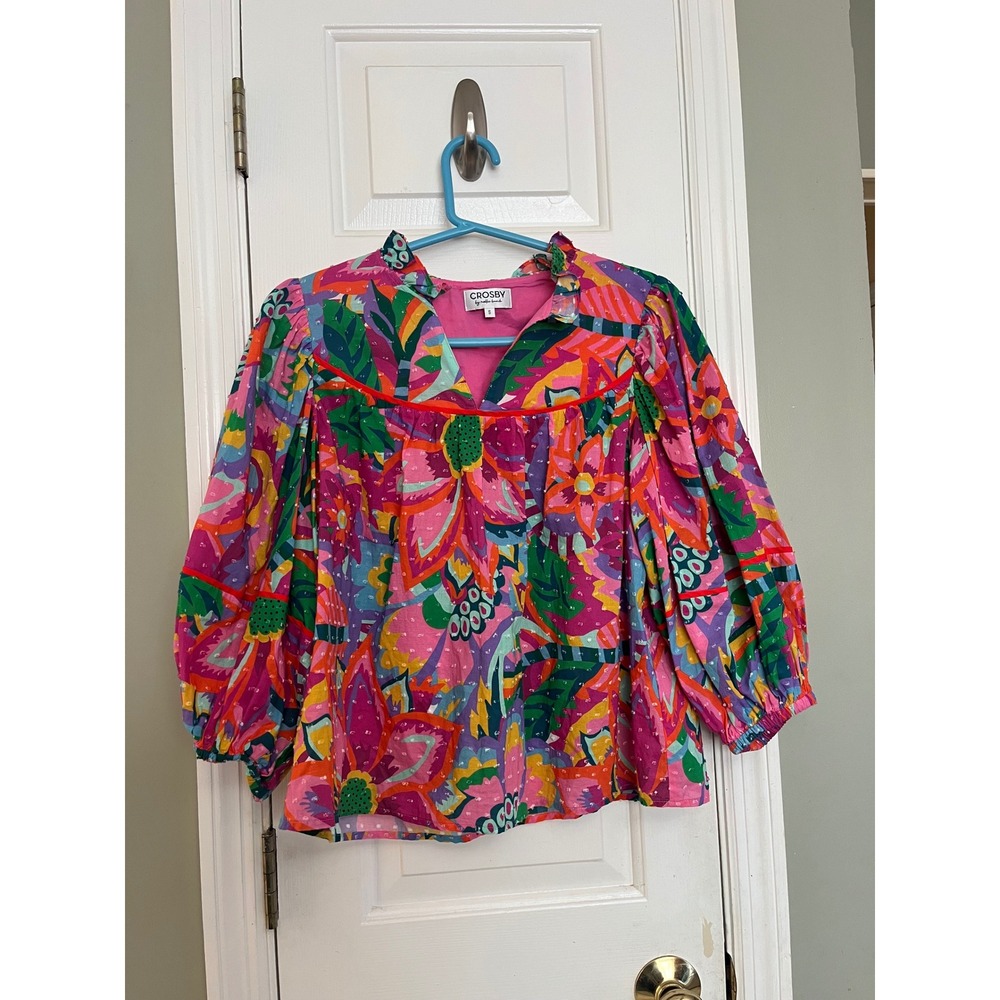 Crosby by Mollie Burch Women Small Floral Swiss Dot Ruffle Neck Balloon Top